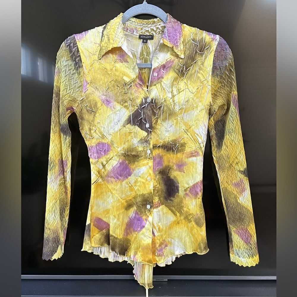 Komarov Geometric Print Lace Up Back Long Sleeves Button Up Shirt Blouse